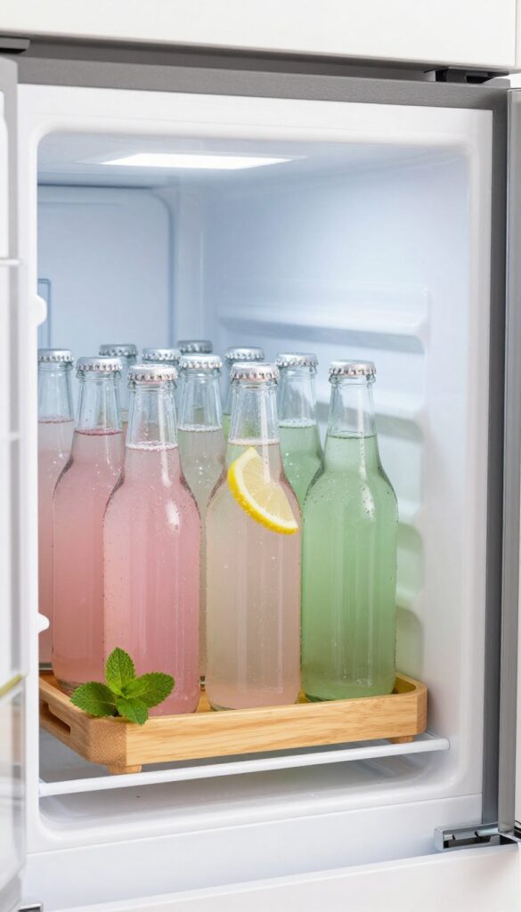 Refrigerator door with organized drink station featuring glass bottles on a wooden tray