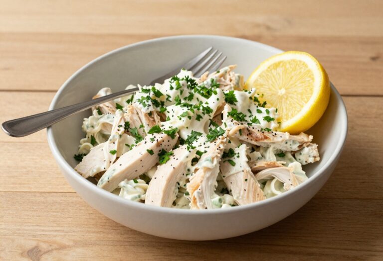 Creamy chicken salad in a white bowl with parsley and lemon wedges on a wooden table