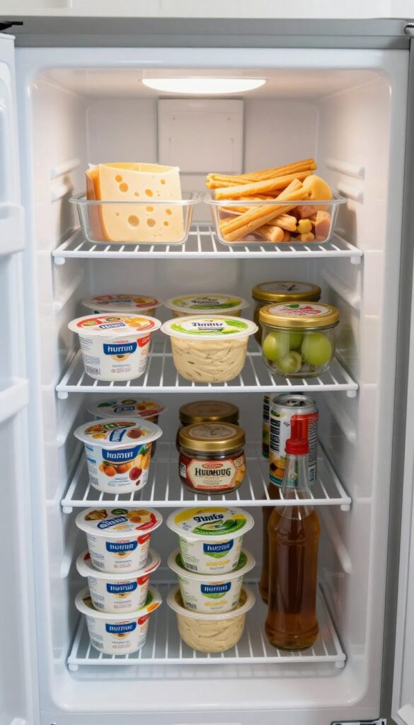 Dorm fridge interior with white wire shelf riser creating two levels, neatly organized with yogurt cups, cheese sticks, and condiments.