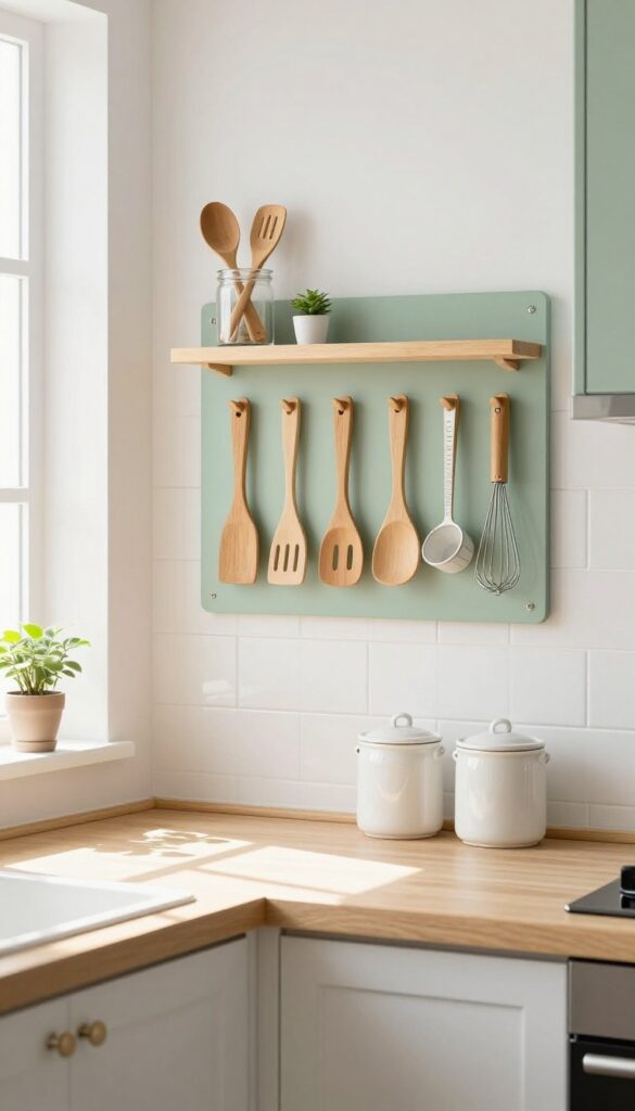 A kitchen pegboard in sage green holding utensils and tools, with a shelf above featuring a plant and jar of wooden spoons, natural light, clean and cozy.