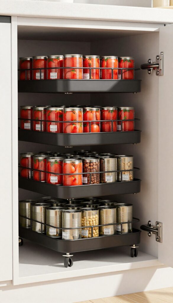 Stackable can racks in a kitchen cabinet with organized cans, natural light, clean and tidy pantry storage.