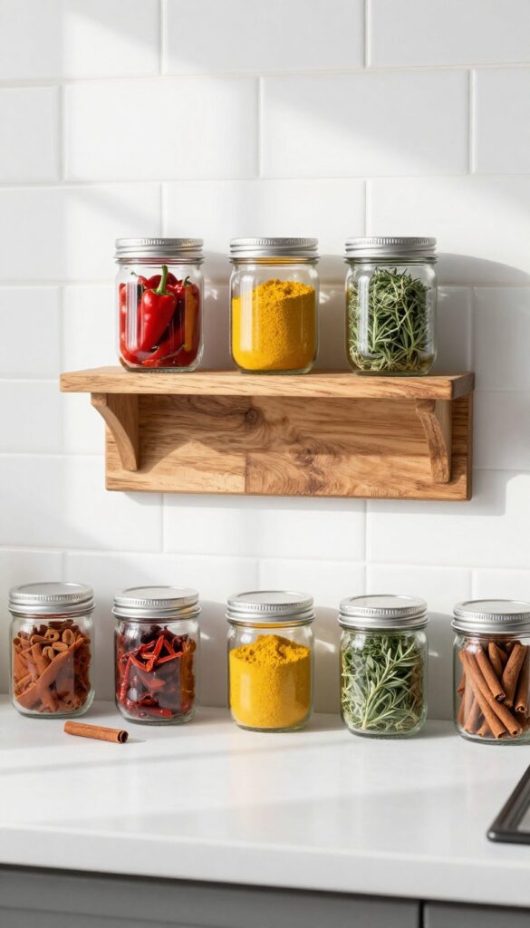 Mason jar spice rack on a wood board mounted on a kitchen wall, filled with colorful spices, bright natural light, airy and organized.