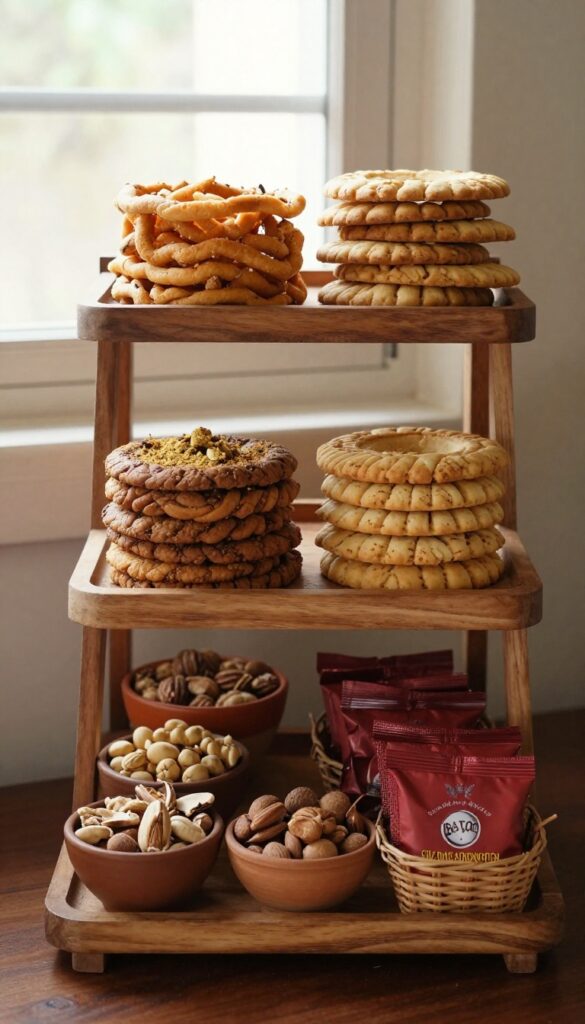 Tiered tray snack station in an Indian pantry with traditional snacks, nuts, and pouches, styled with warm wood and ceramic bowls.
