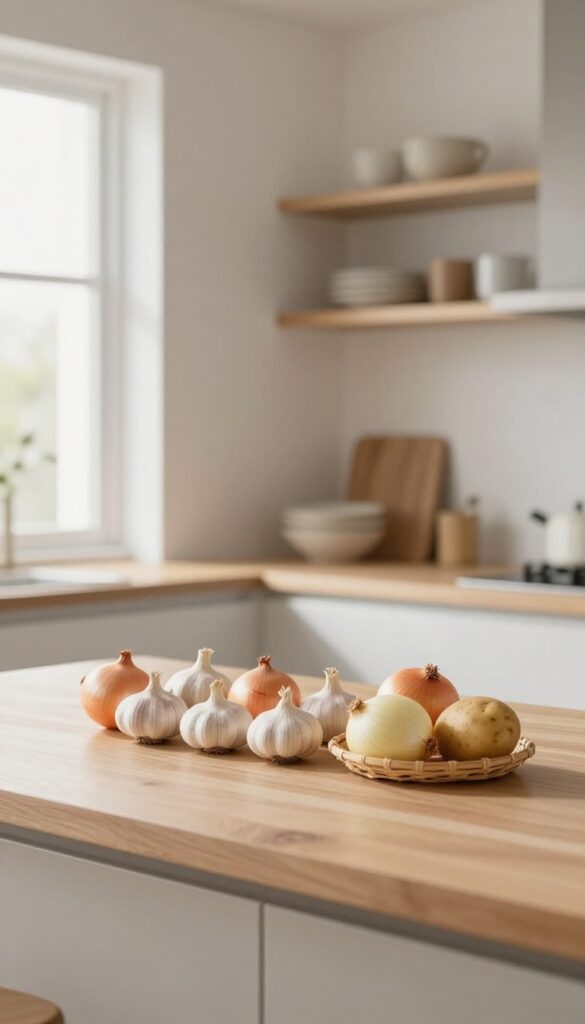 A small seagrass basket filled with onions, garlic, and potatoes on a kitchen counter, with natural light and a minimalist Japanese aesthetic.