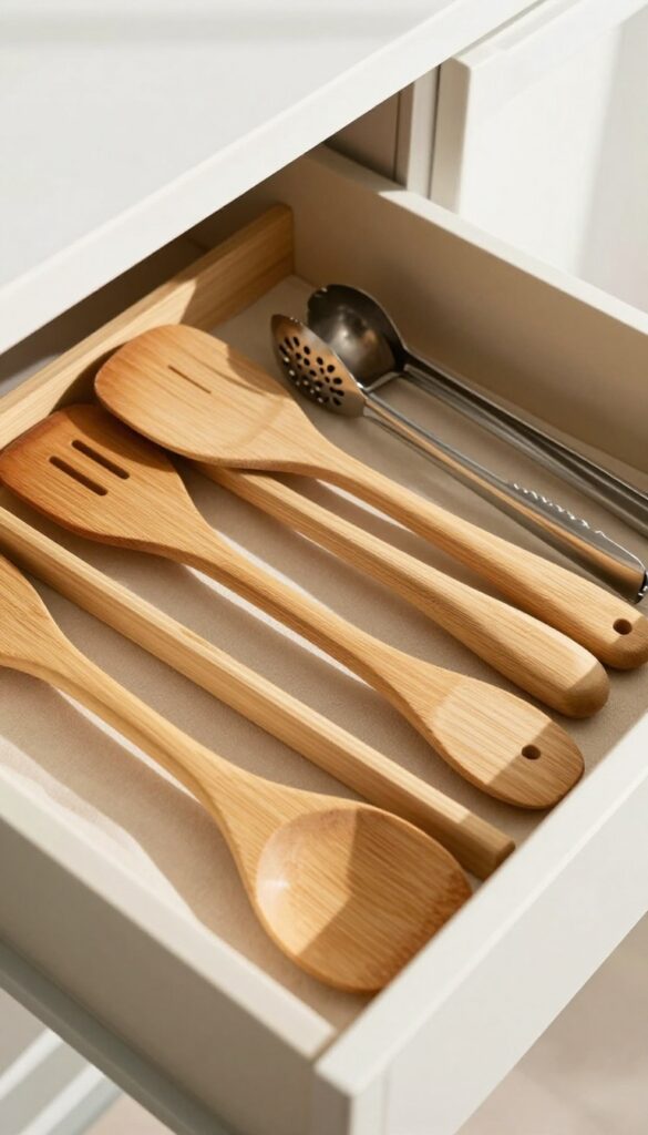 Open kitchen drawer with bamboo dividers organizing utensils neatly in compartments, natural light, photorealistic interior design photography.