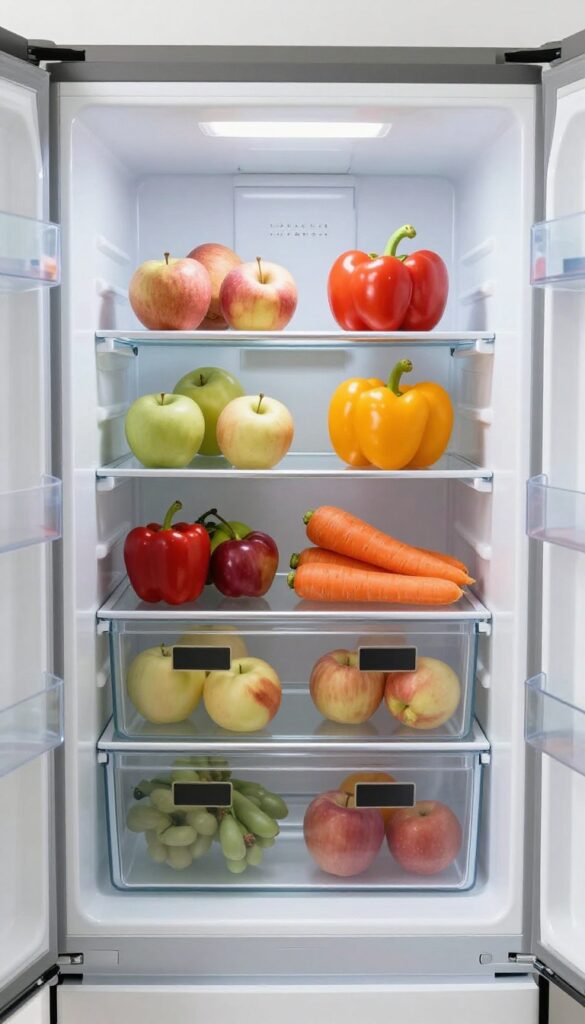 Clear stackable drawers filled with fresh produce in a well-organized refrigerator