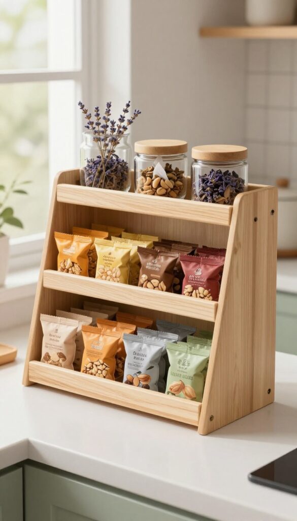 Tiered spice rack on kitchen counter holding snack packets in a tidy display with lavender and tea jar.