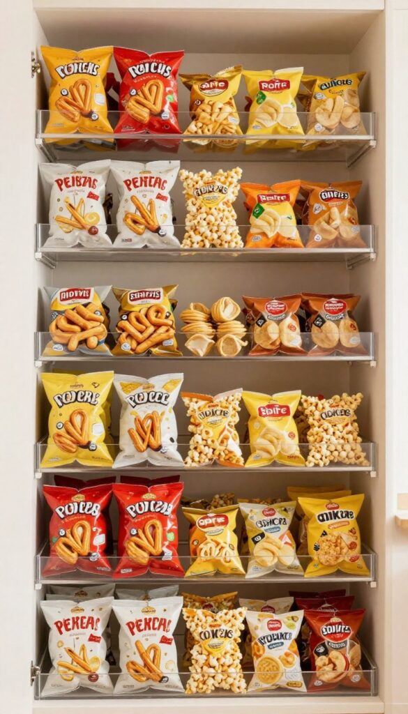Tiered shelf risers organizing snack rows in a pantry