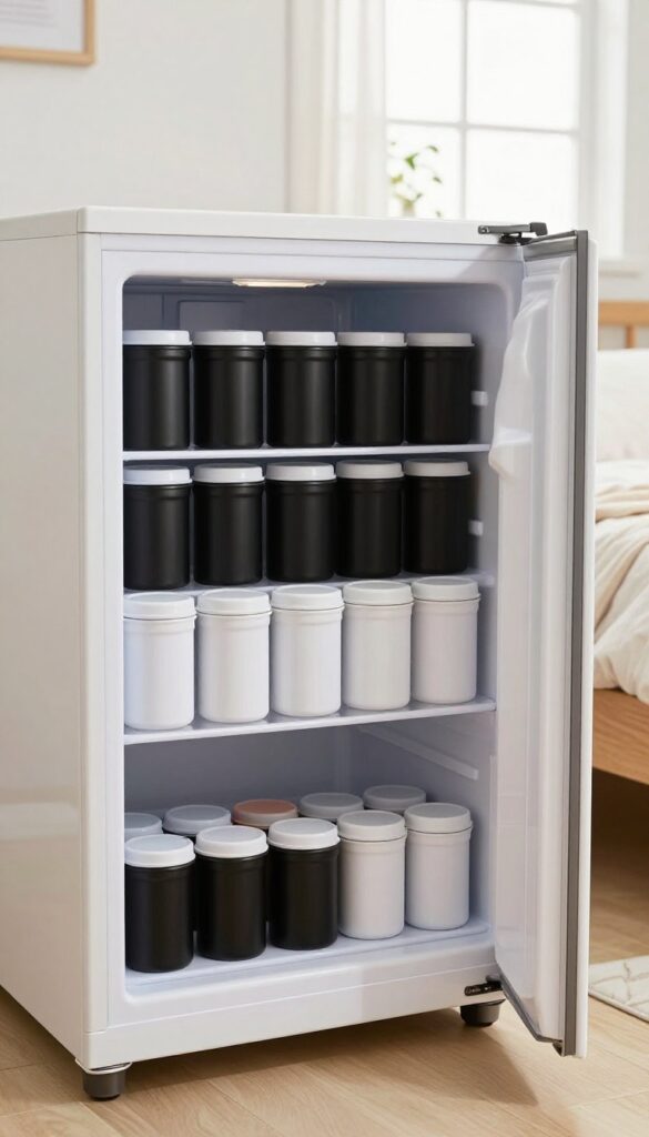 Dorm fridge with magnetic spice tins on the side door in a cozy, well-lit room