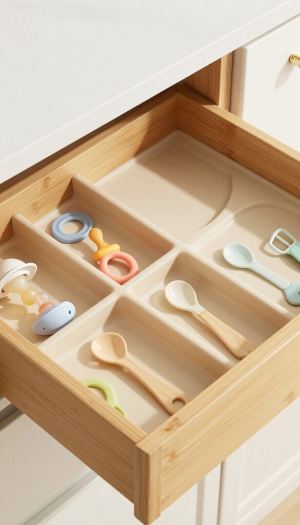 A kitchen drawer organized with bamboo dividers, holding pacifiers, spoons, and bottle nipples.