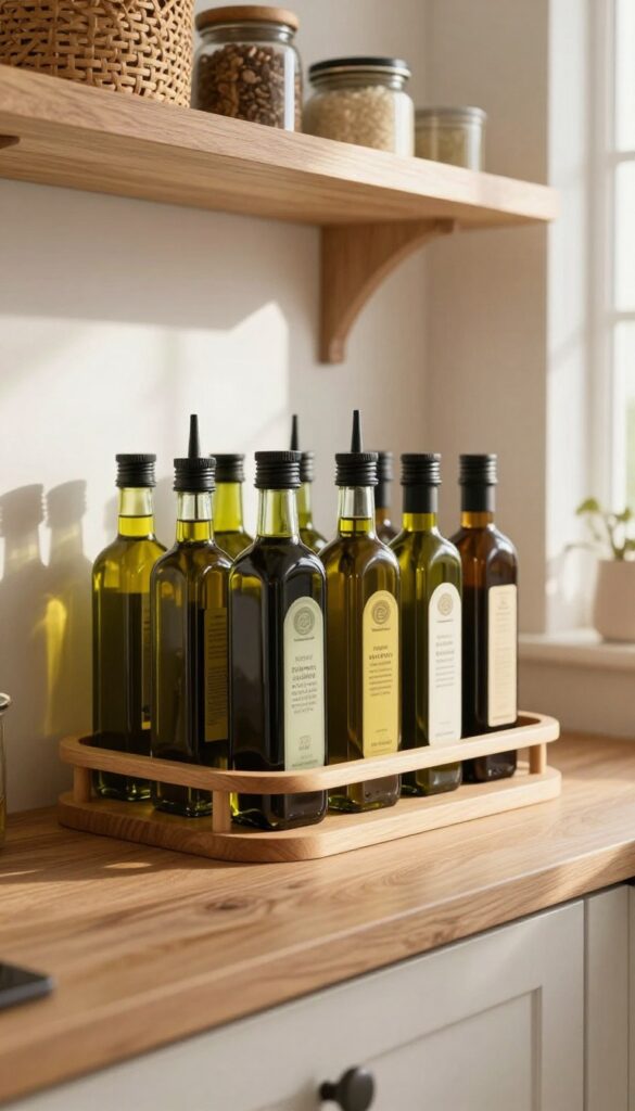 Wooden lazy Susan with oils and vinegars on a pantry shelf