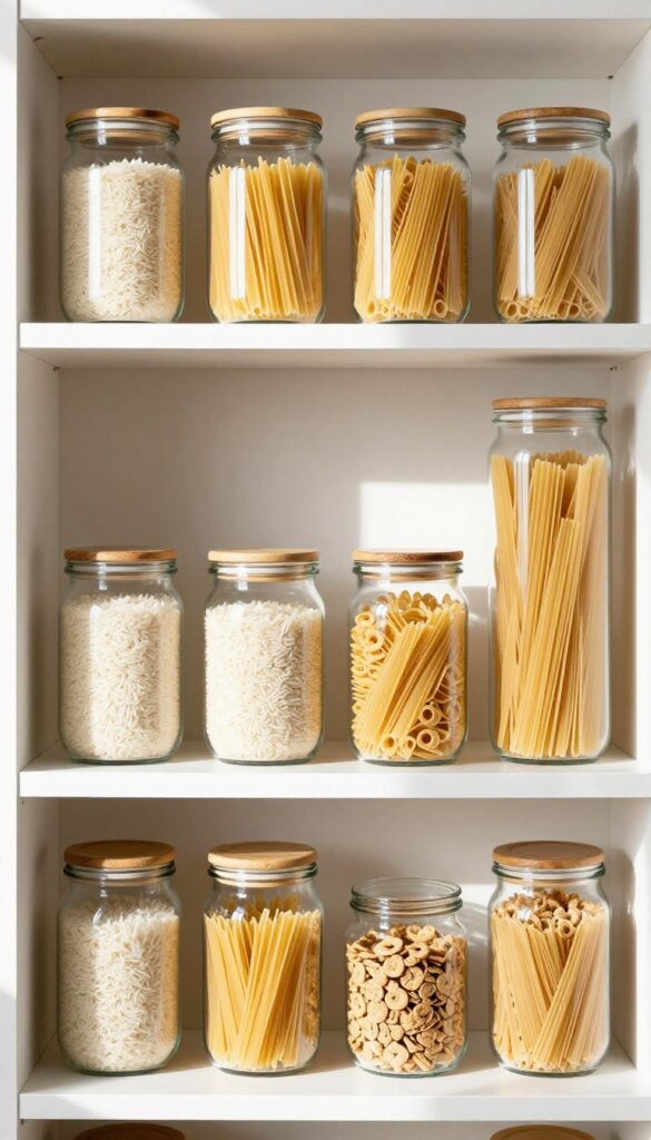 Rows of clear glass jars with wooden lids filled with dry goods on a pantry shelf, organized by height in natural light.