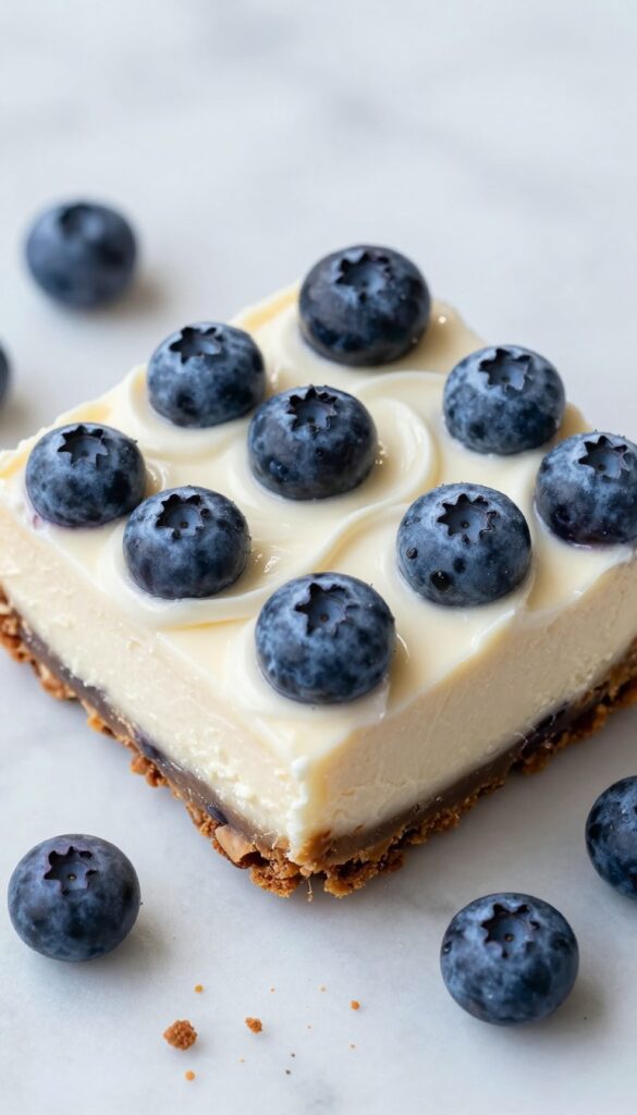 Vegan blueberry cheesecake bar with date-almond crust and blueberry swirls on marble surface.