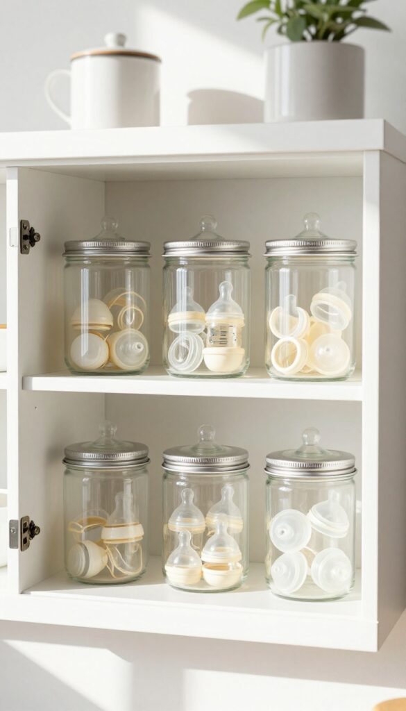 Glass canisters with lids holding baby bottle nipples and rings on a kitchen shelf.