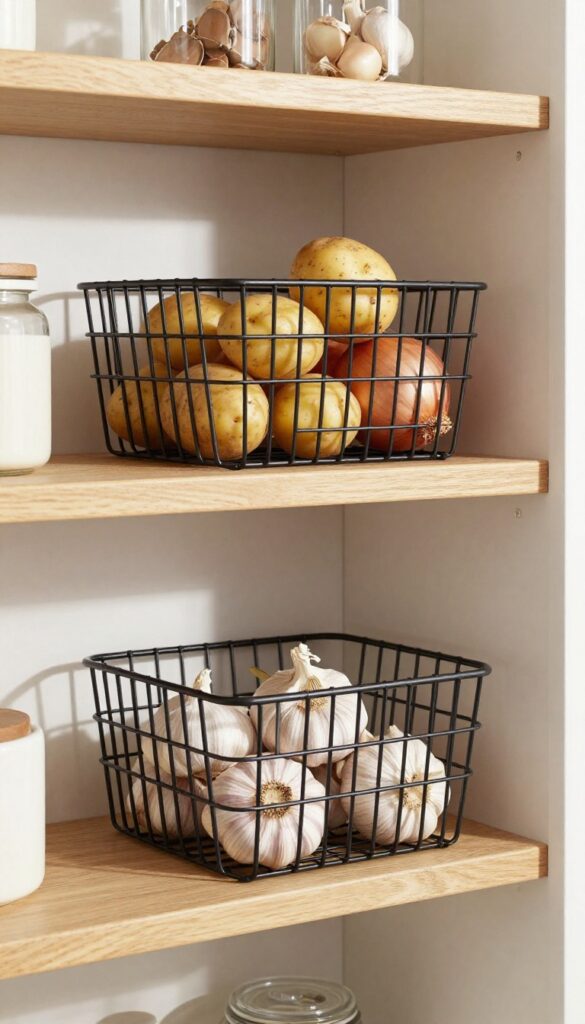 Stackable wire baskets on a pantry shelf holding potatoes, onions, and garlic, with natural light highlighting the open wire design.