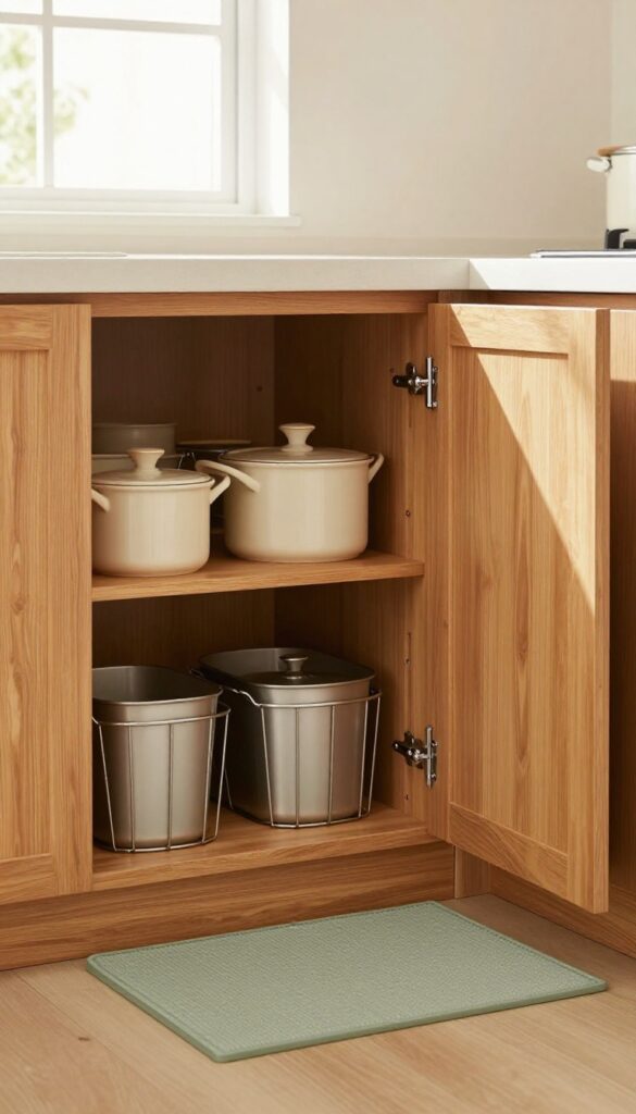 Pull-out drawers in lower kitchen cabinet with organized pots, pans, and lids, warm wood and sage green accents, bright natural light.