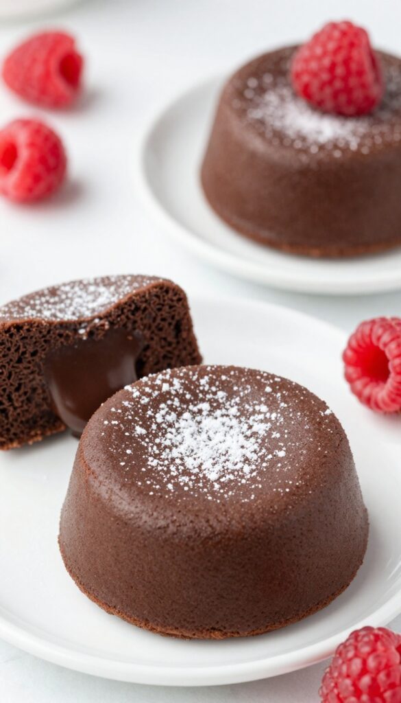 Two vegan keto chocolate lava cakes on plates, one cut open showing molten center, with raspberries and powdered sweetener.