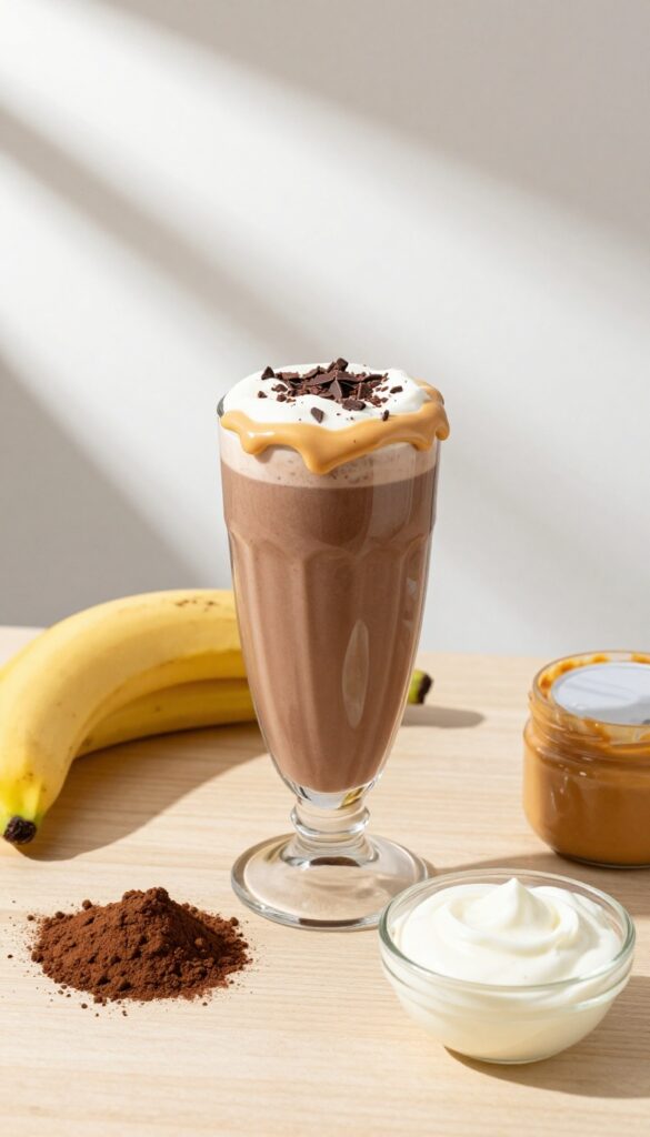 Chocolate protein smoothie in a glass with peanut butter drizzle and chocolate shavings, surrounded by ingredients on a wooden table.
