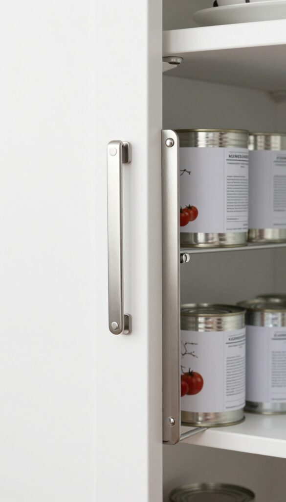 Vertical can storage on a KUNGSFORS rail mounted on a pantry door, with magnetic clips holding metal cans.