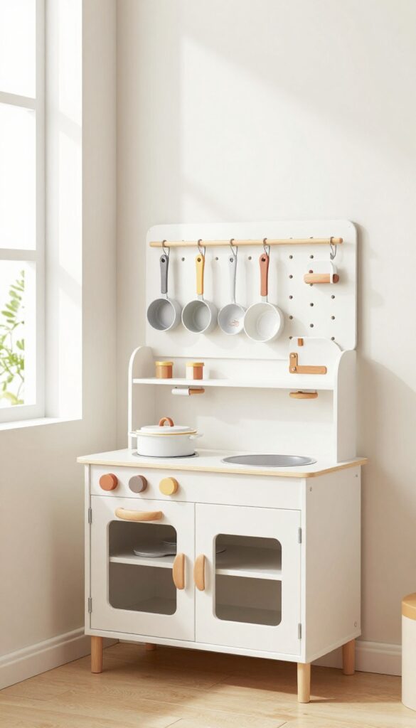 Pegboard above a play kitchen with hanging toy pots and pans