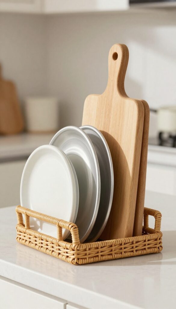 Woven rattan magazine holder organizing baking sheets and pot lids vertically on a kitchen counter.