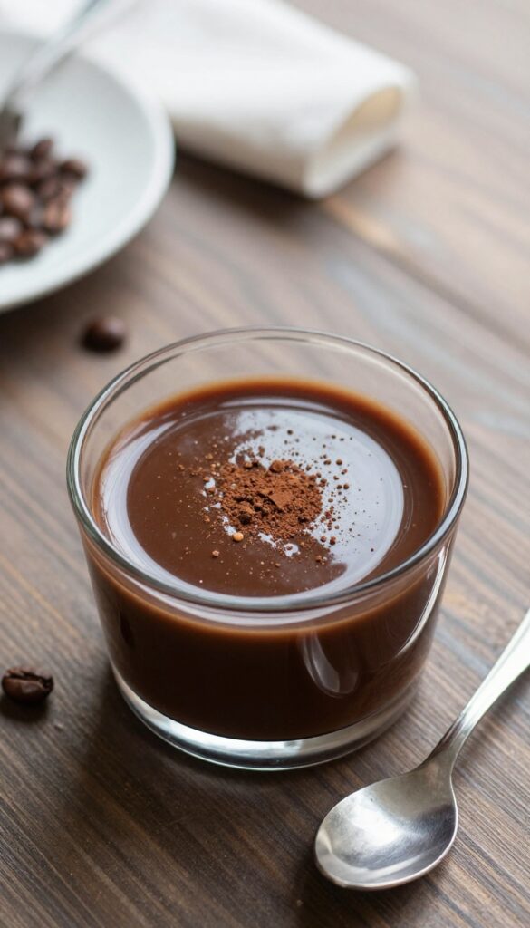 Mocha coffee pudding in a glass cup with cocoa dusting and a spoon on a wooden table.