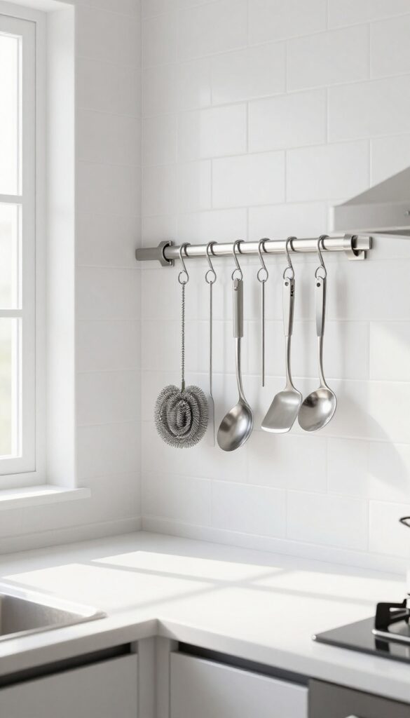 Wall-mounted magnetic strip holding metal scrubbers and utensils on a kitchen backsplash, keeping counters clean and organized.