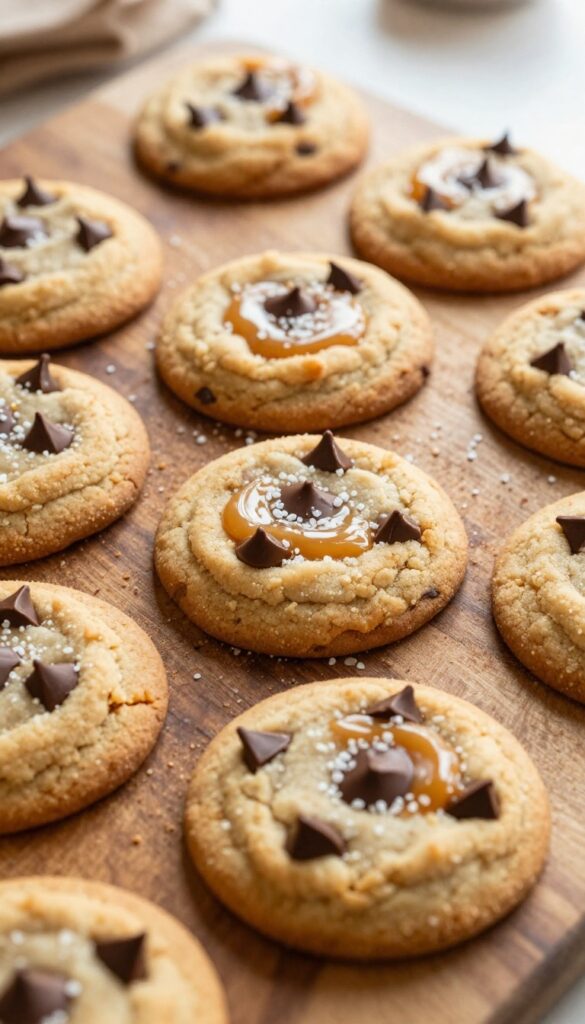 Freshly baked salted caramel chocolate chip cookies with gooey caramel and flaky sea salt on a wooden board.