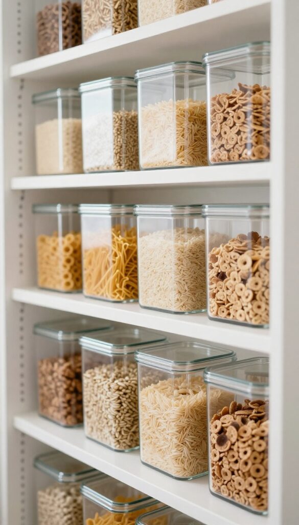 Clear acrylic canisters on a pantry shelf filled with dry goods, bathed in natural light, creating a tidy and airy display.
