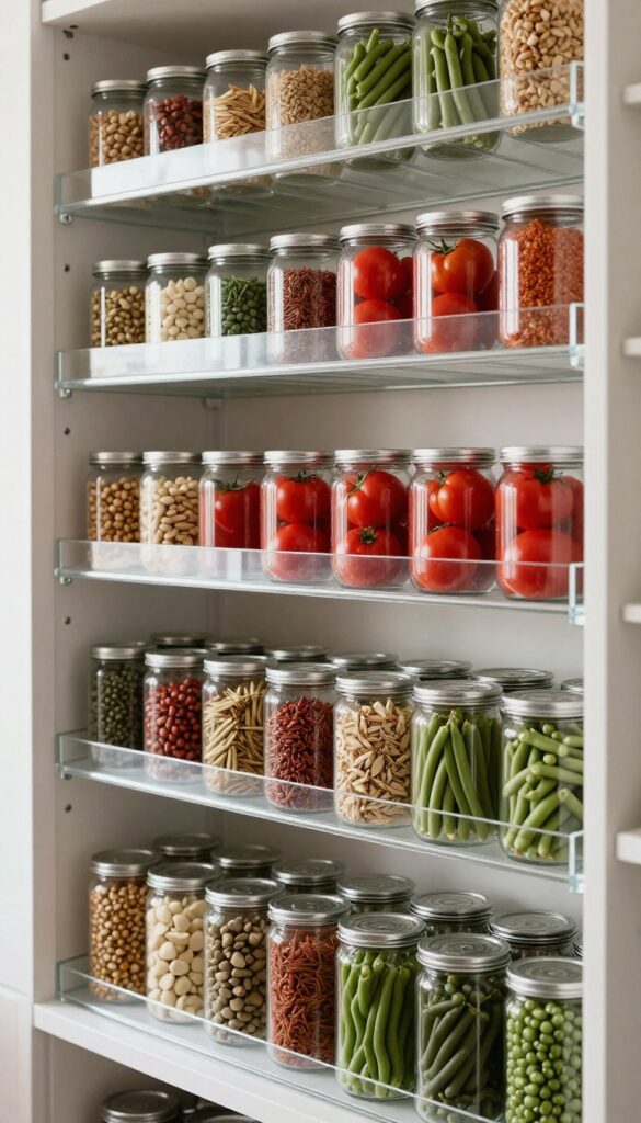 Modern pantry with deep wire shelves and clear acrylic tiered risers holding neatly arranged canned goods and spice jars, bathed in natural light.