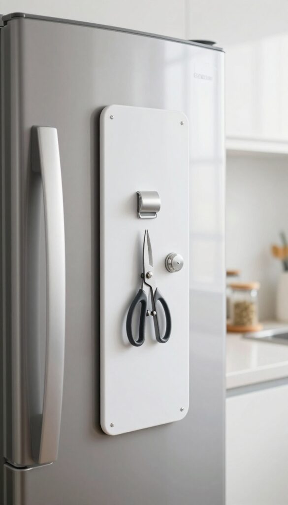 Magnetic strip on side of fridge holding small metal kitchen tools like bottle opener, shears, and spice tin.