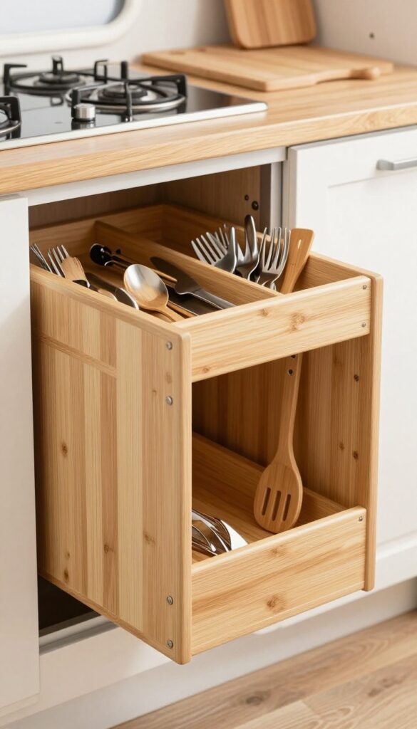 Organized shallow RV drawer with expandable bamboo dividers separating cutlery and kitchen tools