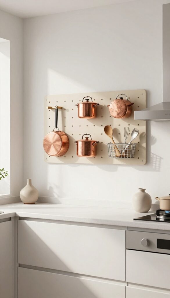 Neutral pegboard system in a bright kitchen with hanging pots and utensils