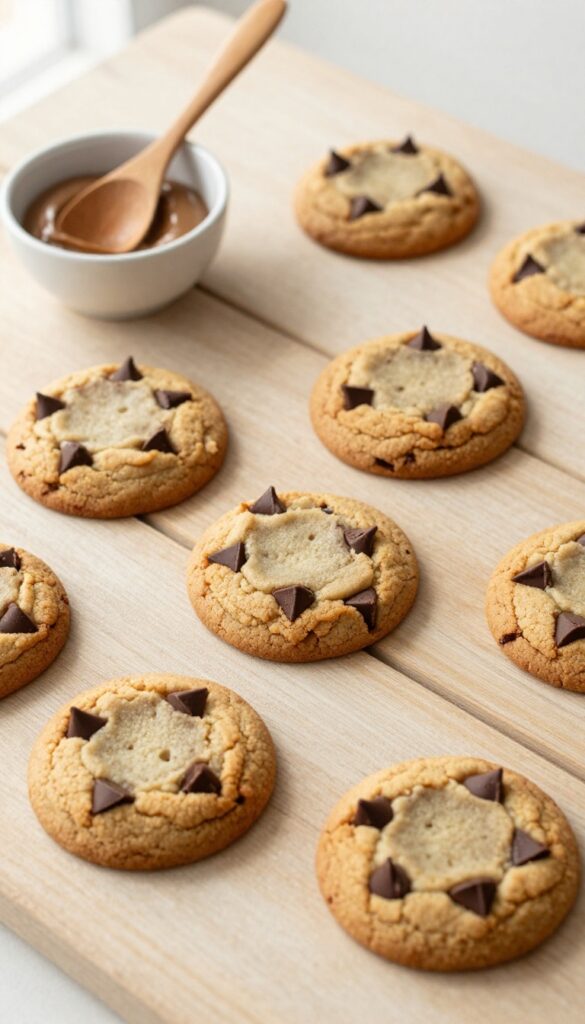 Freshly baked brown butter chocolate chip cookies on a wooden table with a bowl of brown butter nearby.