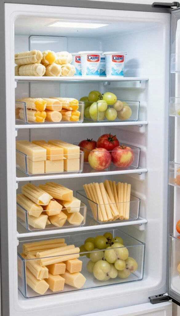 Open refrigerator with mini drawer organizers neatly holding yogurt, cheese sticks, and fruit pouches