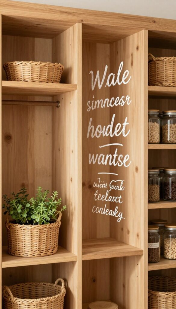 Cozy pantry with a small chalkboard on the wall, warm wood frame, hand-lettered menu, herbs and woven basket below, natural light.