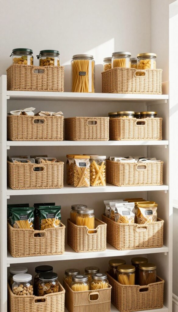 Pantry shelves with woven baskets replacing cardboard boxes, organized and cozy.
