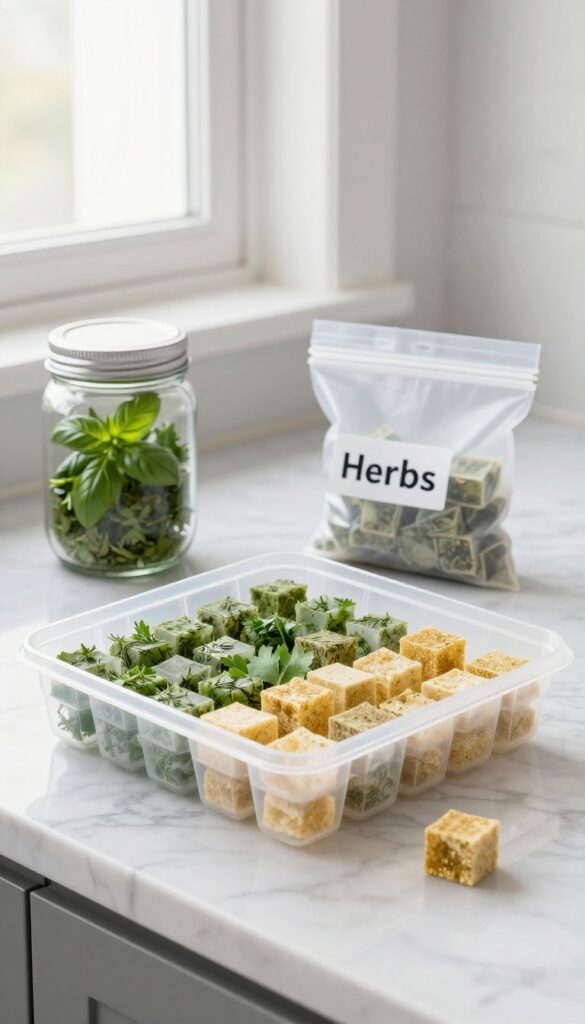 Ice cube trays filled with frozen herb and stock cubes on a kitchen counter, with glass jars and silicone bags for storage.