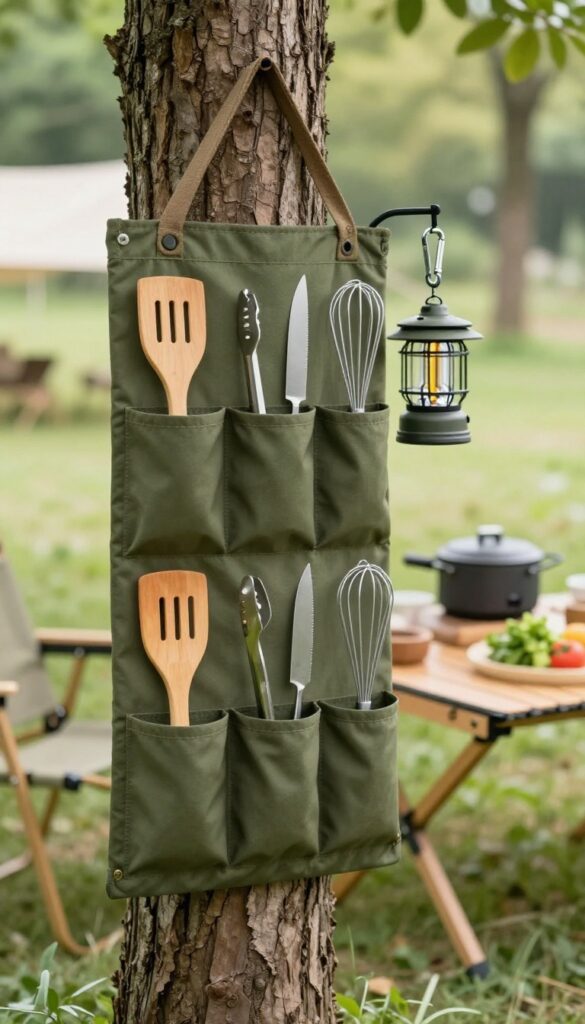 A hanging utensil organizer on a tree trunk in a campsite, holding cooking tools and a lantern.
