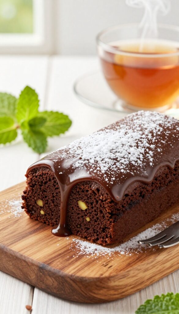 A slice of vegan gluten-free chocolate avocado cake on a wooden plate with tea and mint leaves.