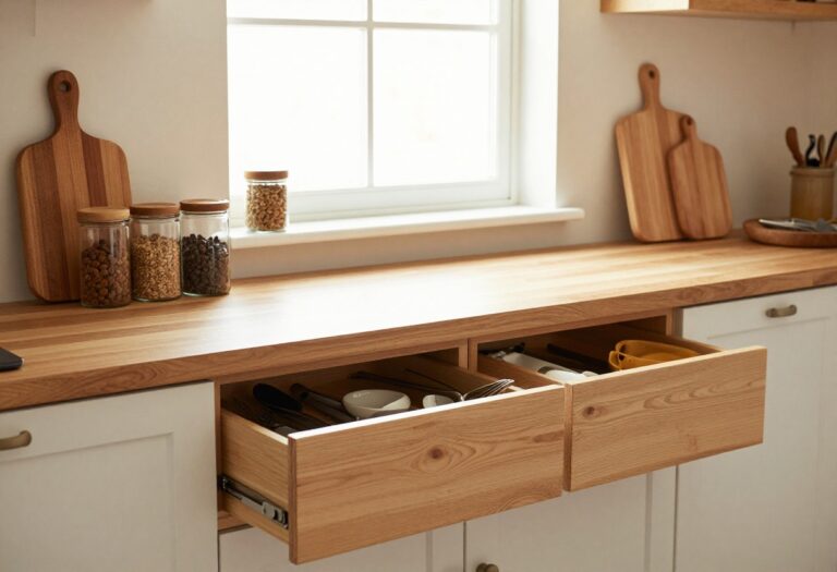 Warm kitchen with organized drawers showing utensils, spices, and cutting boards in natural light