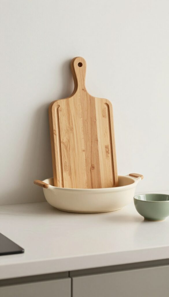 Cozy kitchen island with a cutting board station, knife block, and scrap bowl in natural light