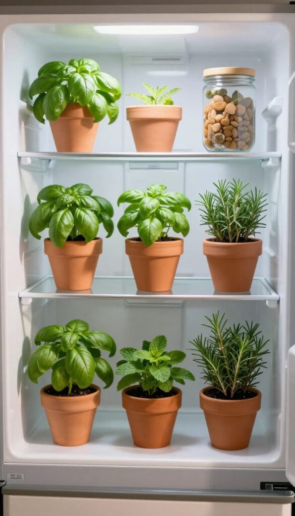 Open refrigerator door with small potted herbs on shelves, bright natural light, cozy kitchen background.