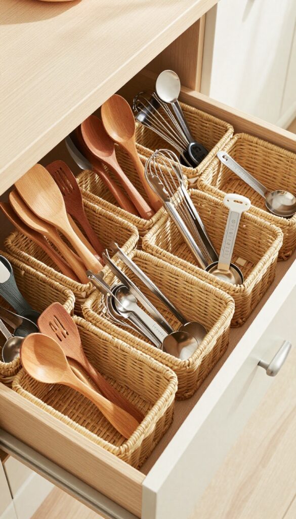 Open kitchen drawer organized with woven basket dividers holding utensils like spatulas, spoons, tongs, and measuring spoons in separate compartments.