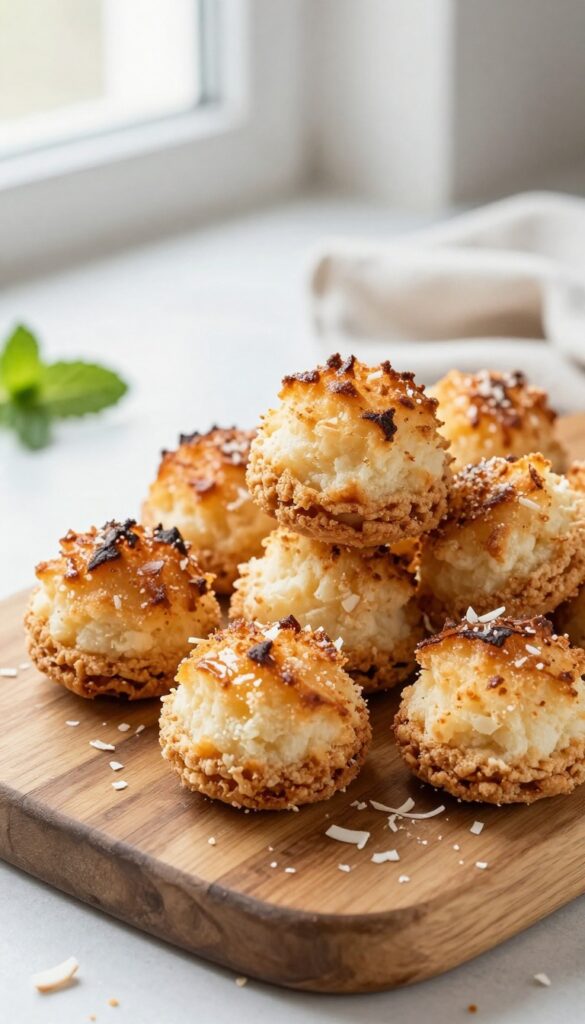 Golden toasted coconut macaroons on a wooden board, rustic and appetizing.