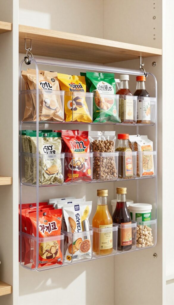 Clear over-the-door shoe organizer on a pantry door, filled with small items like spice packets and snack bags, visible through transparent pockets.