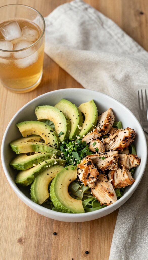 Avocado chicken salad bowl with iced tea on a wooden table
