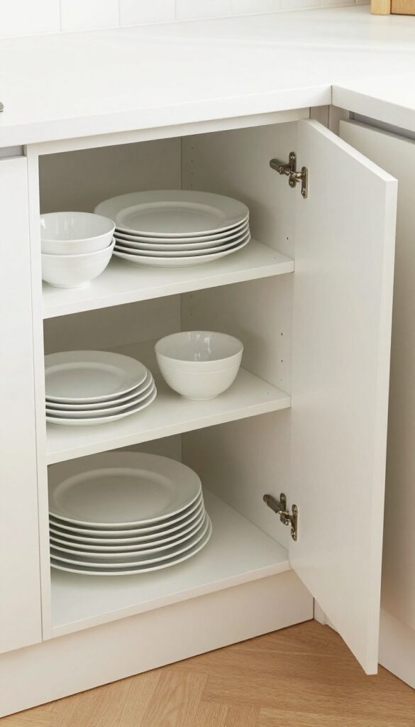 Open corner cabinet with a lazy Susan holding organized small plates and bowls