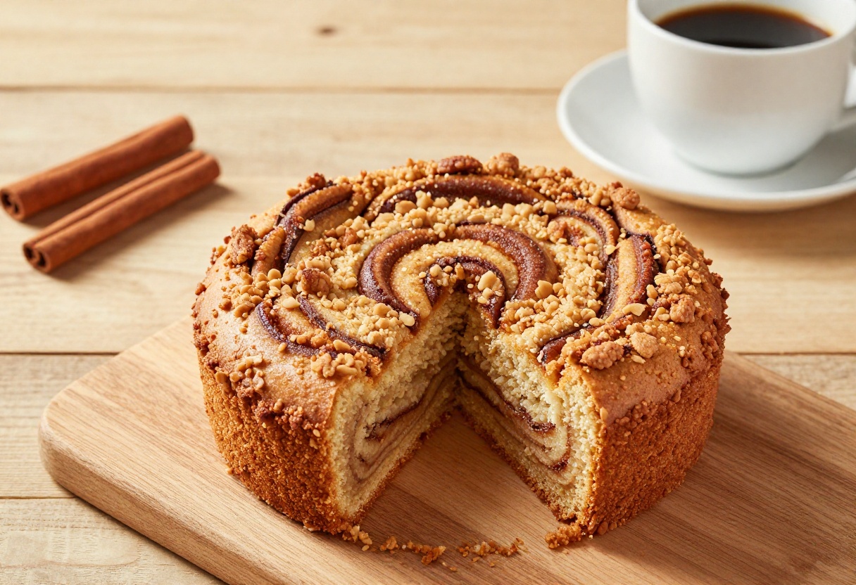 Gluten free cinnamon coffee cake on a wooden table with a slice removed, coffee cup and cinnamon sticks nearby.