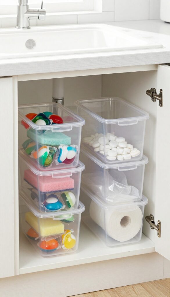 Open under-sink cabinet with clear stackable bins organizing cleaning supplies on either side of a central pipe.